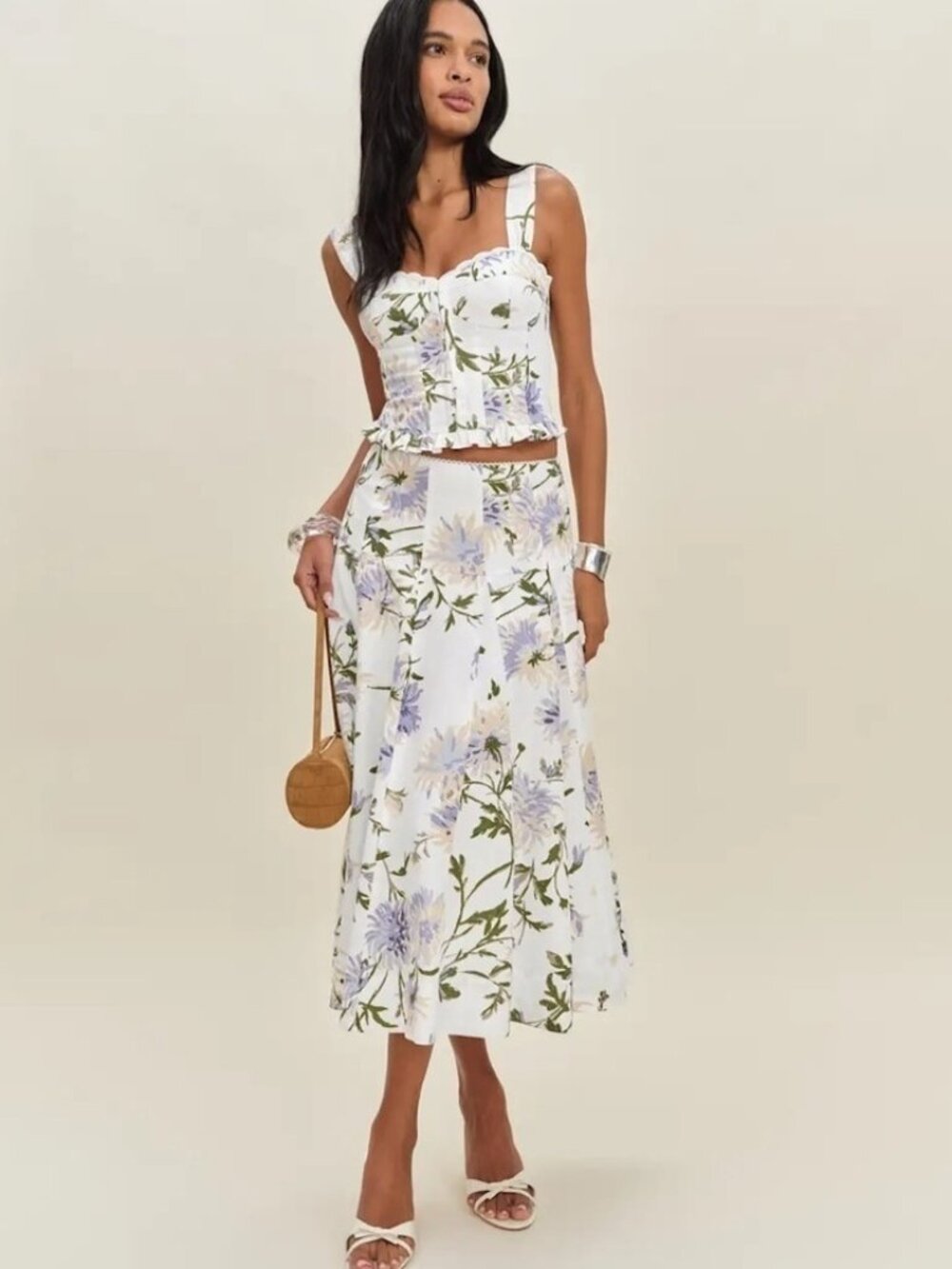 NEW Reformation Anatolia Linen Corset Two Piece Serenity White Floral US 4 UK 8